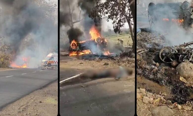 तेज रफ्तार कार ने बाइक को मारी टक्कर, दोनों वाहनों में लगा आग, 1 की मौत 2 घायल तेज रफ्तार कार ने बाइक को मारी टक्कर, दोनों वाहनों में लगा आग, 1 की मौत 2 घायल