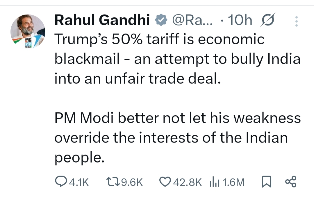 राहुल गांधी का हमला: अमेरिका का टैरिफ फैसला 'आर्थिक धमकी', मोदी सरकार को बताया कमज़ोर